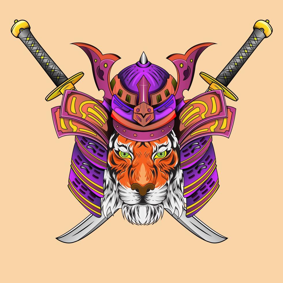 japanse samurai tijger ridder hoofd artwork illustratie en t overhemd ontwerp samurai tijger helm geïnspireerd door Japans tekening stijl vector