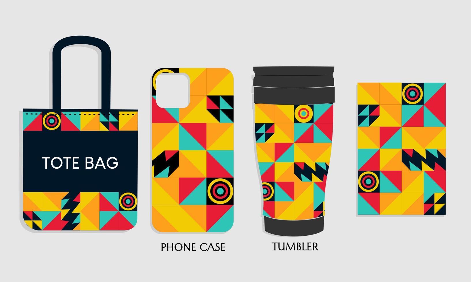 telefoon geval mockup ontwerp, tote tas, tuimelaar met abstract bauhaus patroon. ontwerp voor branding, Product reclame, boodschappen doen vector