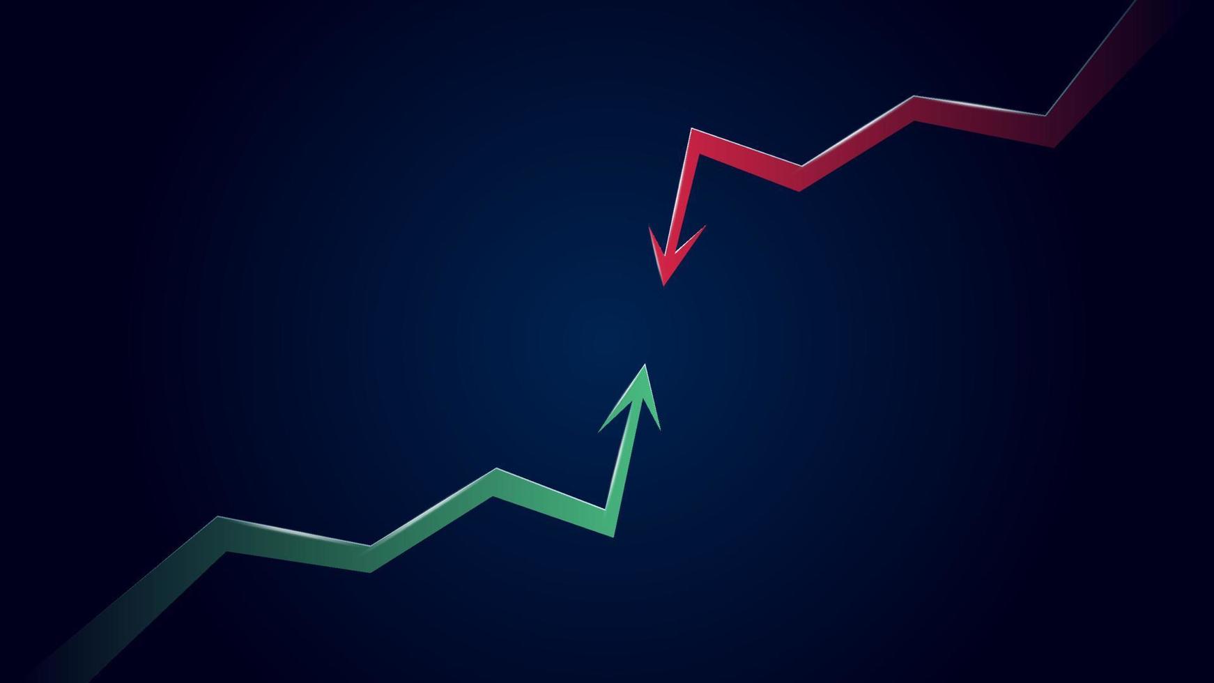 botsing van bullish neiging tegen bearish een met groen omhoog pijl en rood naar beneden pijl Aan donker blauw achtergrond. vector illustratie.