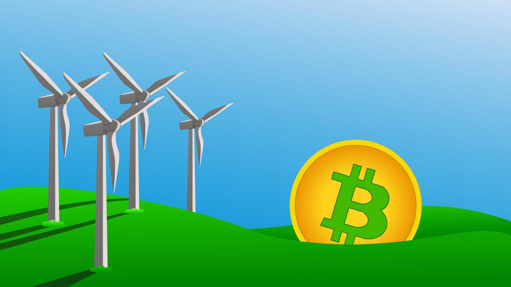 bitcoin mijnbouw concept gebruik makend van groen energie naar beschermen omgeving. windmolens genereren elektriciteit Aan groen gras. vector illustratie.
