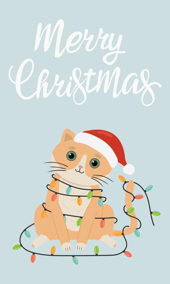 vrolijk Kerstmis groet kaart met schattig kat in de kerstman claus hoed versierd met guirlande. vector