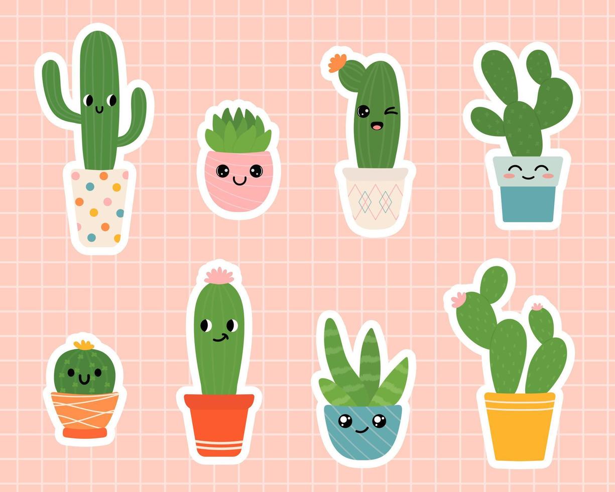 schattig stickers met cactus fabriek in potten met schattig gezichten. binnen- planten in een vlak stijl. vector illustratie set.