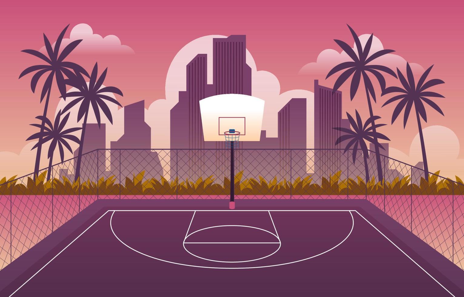 buitenshuis basketbal rechtbank met gebouw silhouet vector