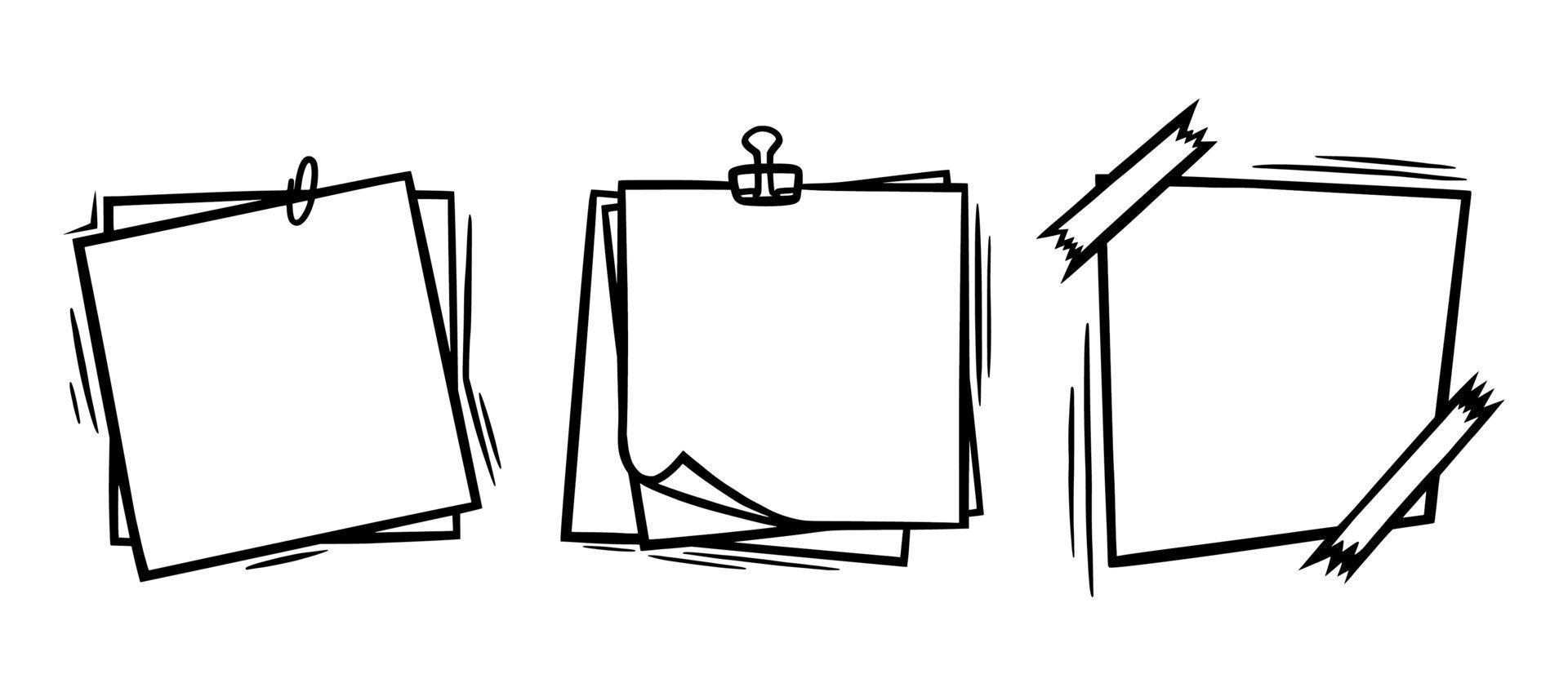 tekening papier lakens met klem en kleverig plakband elementen. leeg papier Pagina's voor memo's en berichten. tekening vector illustratie