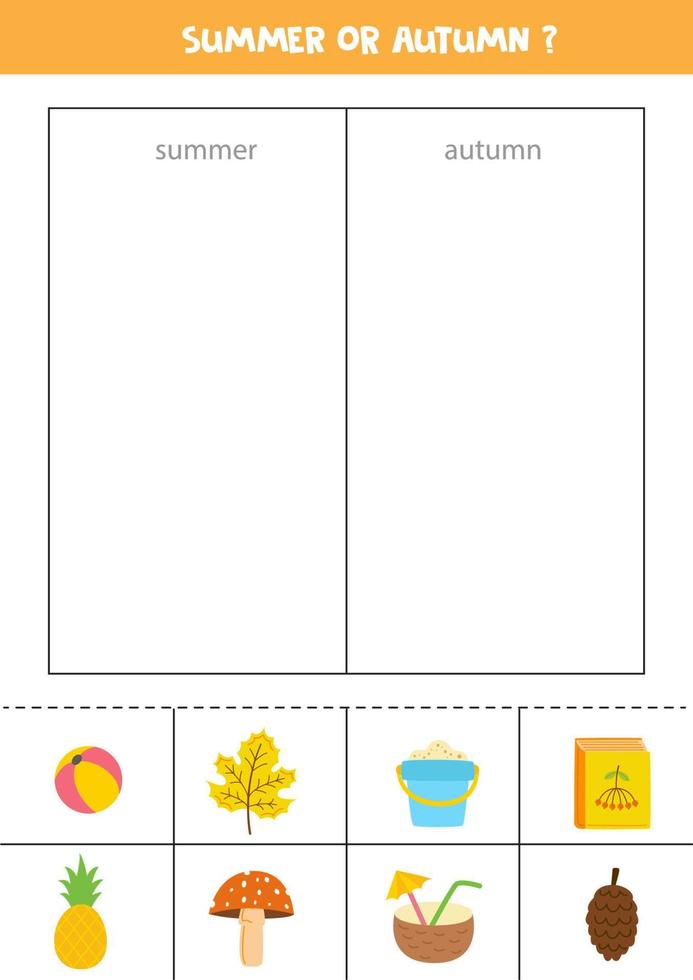 sorteren kaarten in herfst of zomer. logisch spel voor kinderen. vector