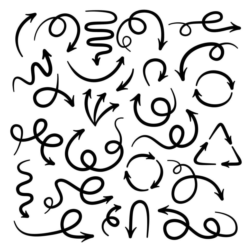 hand- getrokken reeks zwart pijlen pictogrammen vector in tekening stijl geïsoleerd Aan wit achtergrond