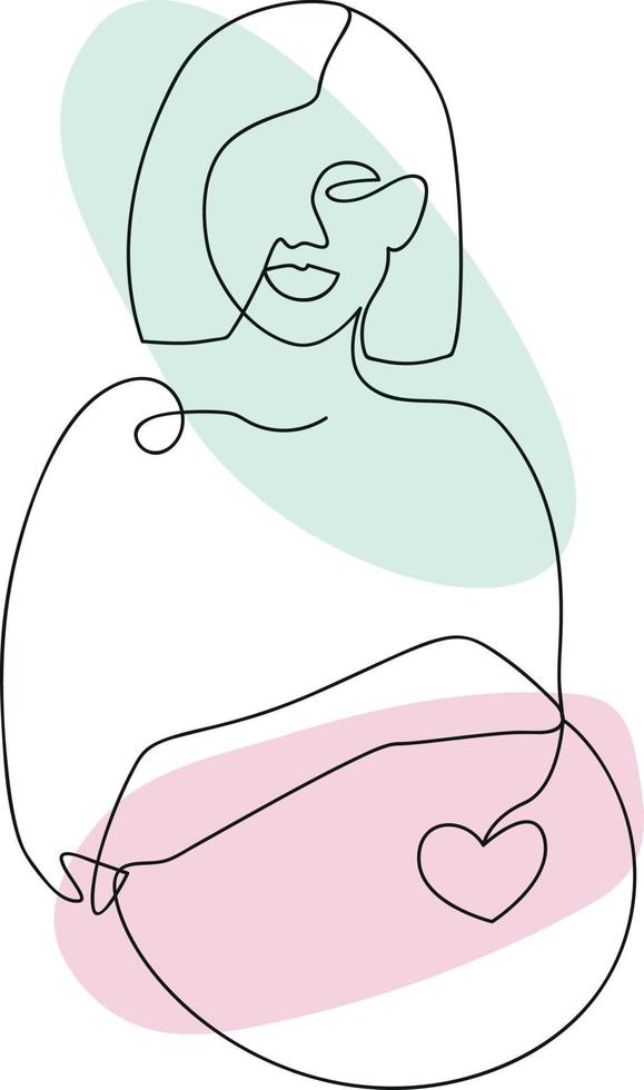zwanger vrouw silhouet lijn kunst, een lijn tekening, schetsen van dame met buik, met waterverf vlekken vector