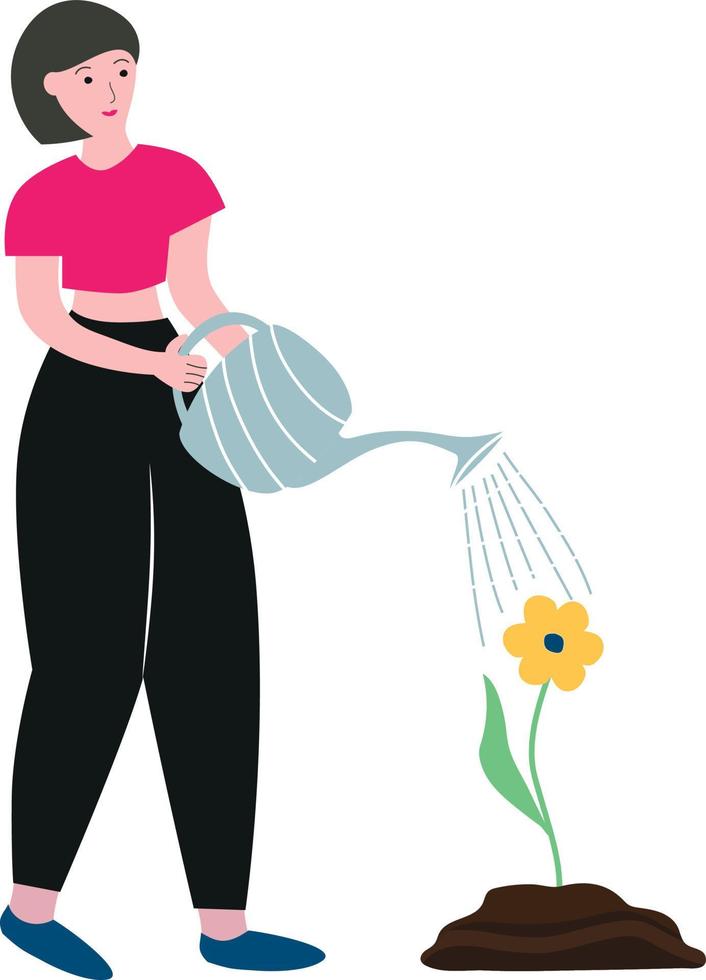 meisje gieter een bloem van een gieter kan, de concept van groei en zelfverbetering, vector illustratie vrouw in een vlak stijl