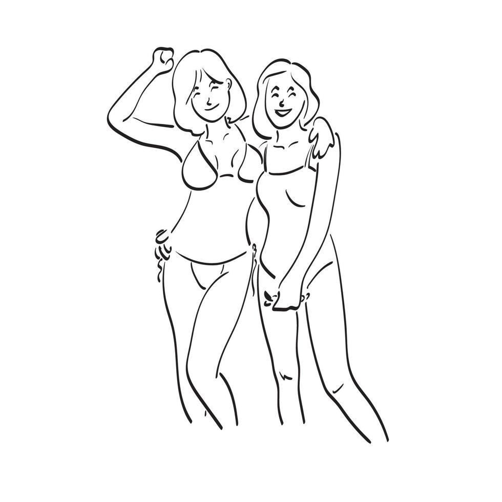 twee Dames in bikini Bij zomer vakantie Aan strand illustratie vector hand- getrokken geïsoleerd Aan wit achtergrond lijn kunst.