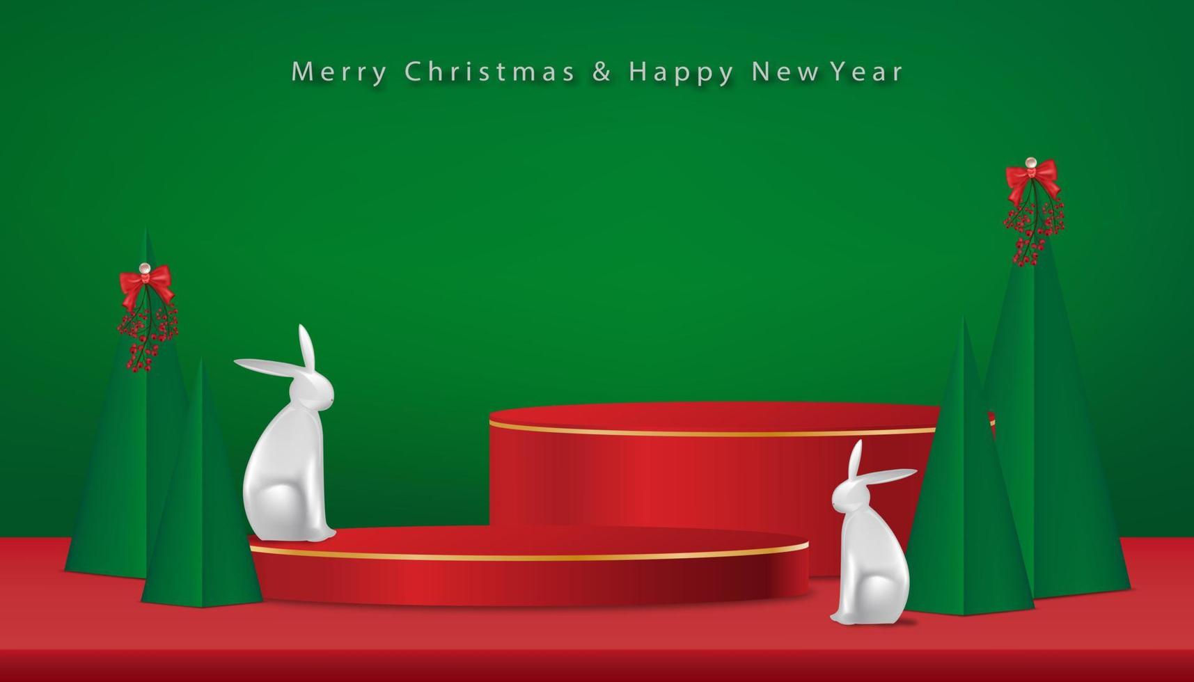 Kerstmis en Chinese nieuw jaar achtergrond, 3d poduim,konijnen,kerst bomen papier besnoeiing Aan groen achtergrond, x mas pijnboom Spar weelderig boom. vector winter vakantie samenstelling voor groet kaart, banier, poster