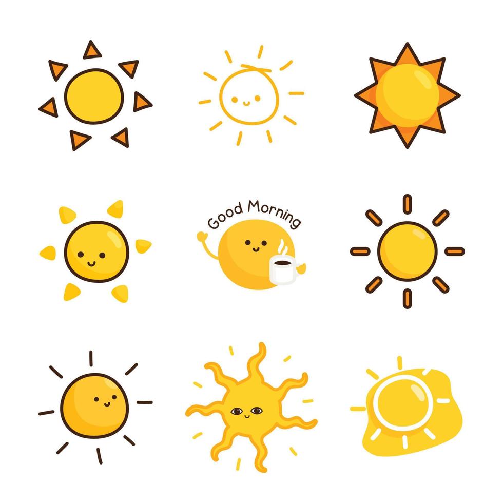 minimaal schattig zon sticker reeks kawaii tekening vlak tekenfilm vector illustratie