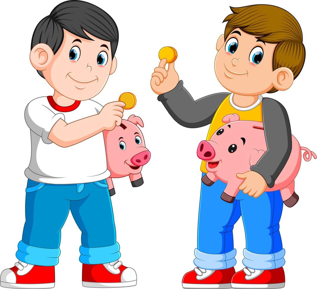 twee jongens Holding varkentje bank vector