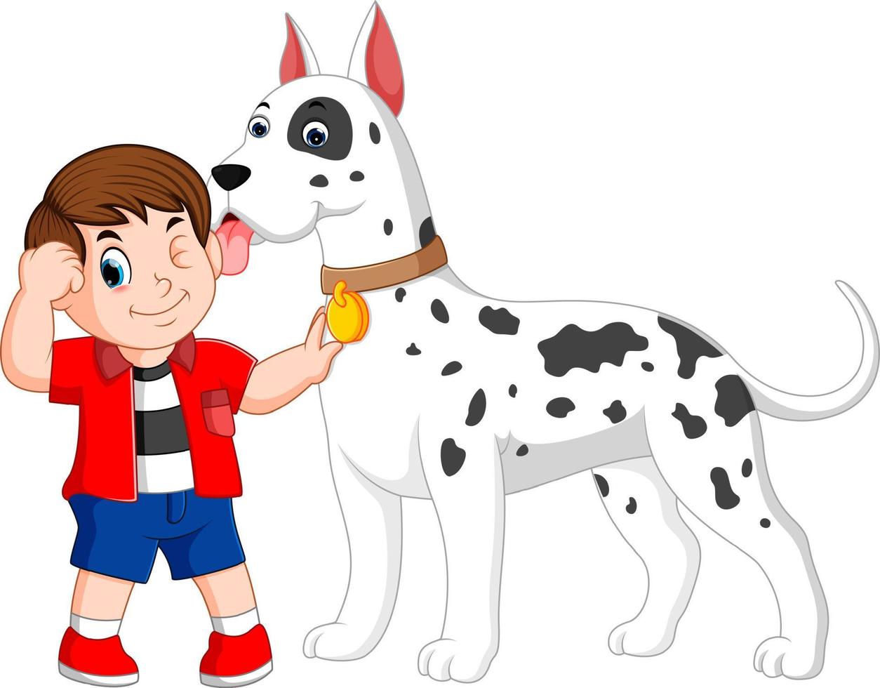 een jongen met de rood overhemd is Holding zijn groot wit dalmatiër hond vector