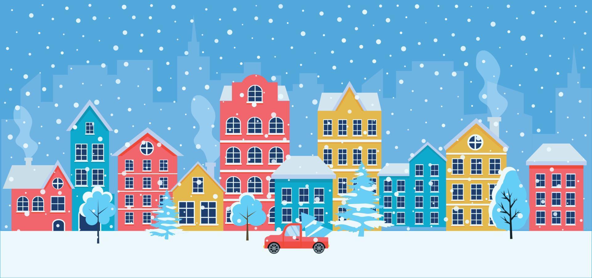 Kerstmis kaart met stadsgezicht, sneeuwval auto en Kerstmis bomen. Kerstmis dorp. winter Kerstmis dorp. vector