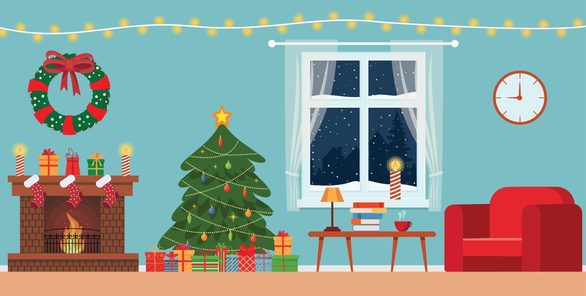 knus leven interieur Kerstmis met rood bank, geschenken, en boom. vector vlak stijl illustratie.