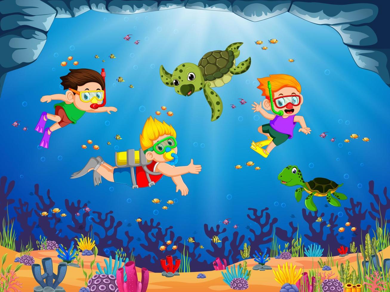 een groep van kinderen zijn spelen en duiken met de groen schildpad vector