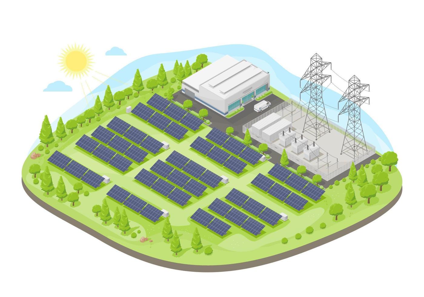 zonne- boerderij macht fabriek met zonne- cel groen energie ecologie krachtpatser concept elektriciteit in natuur isometrische vector geïsoleerd