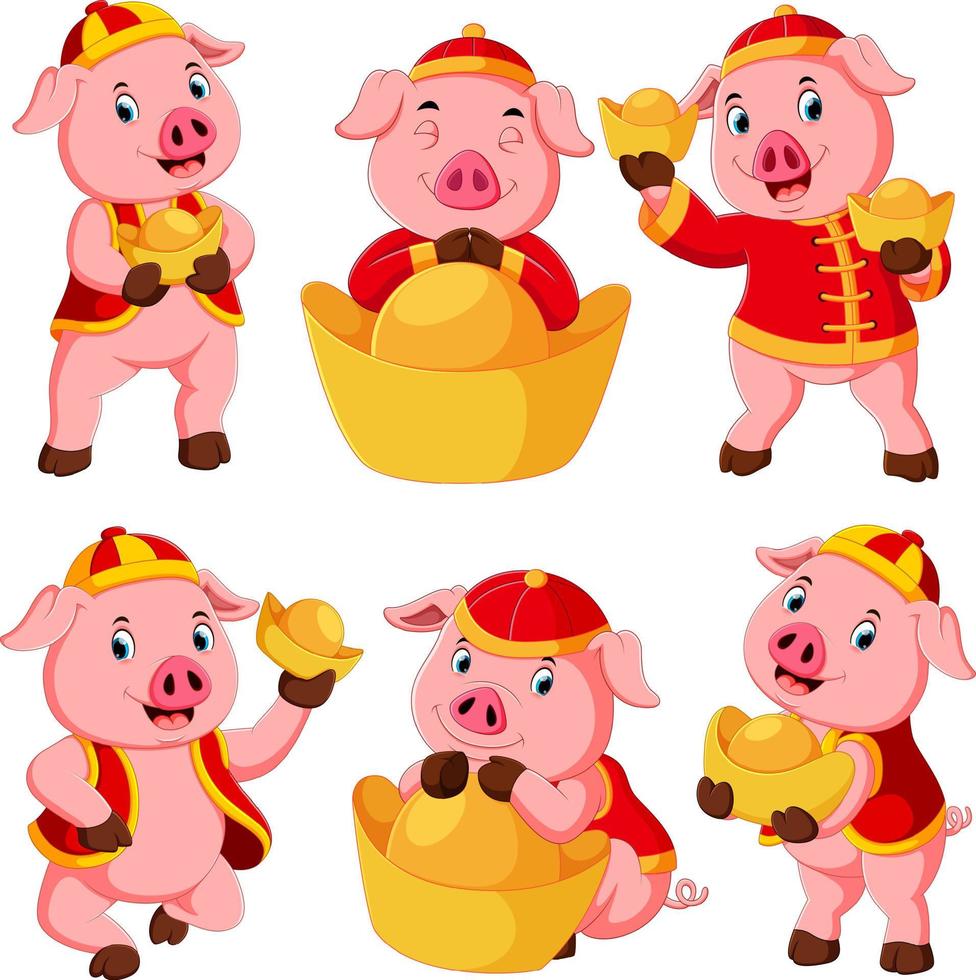 een verzameling van een schattig roze varken toepassingen de rood kostuum voor Chinese nieuw jaar vector
