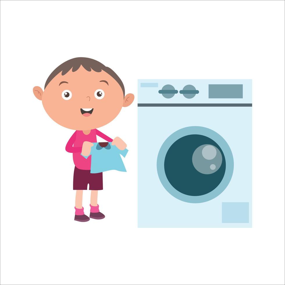 illustratie vector grafisch jongen werkzaamheid, het wassen kleren met het wassen machine. geïsoleerd Aan wit achtergrond