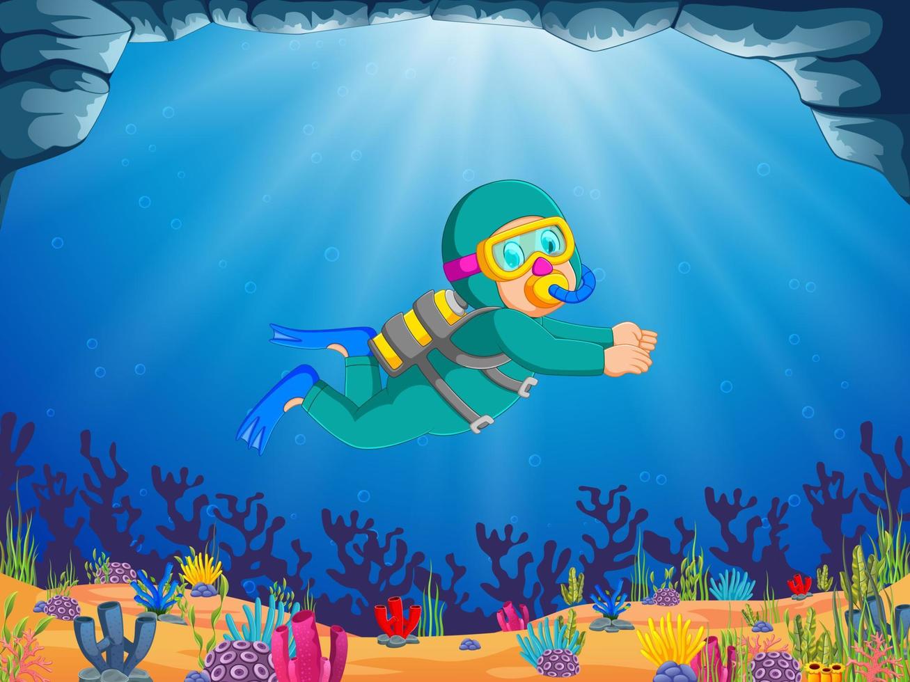 een professioneel jongen is duiken onder de mooi zee vector