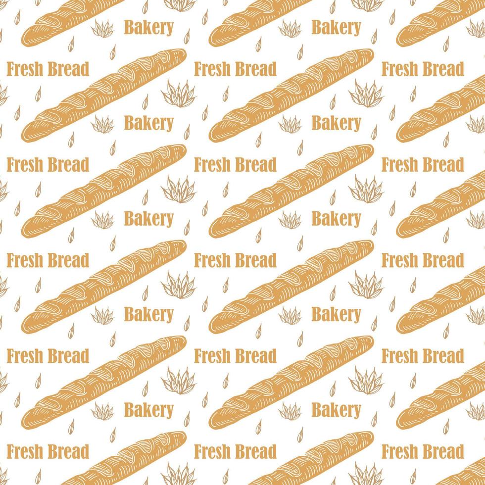 een patroon van een stokbrood. naadloos patroon van een lang geel stokbrood getekend in doodle-stijl, willekeurig gerangschikt op een beige achtergrond voor een bakkerijsjabloon vector