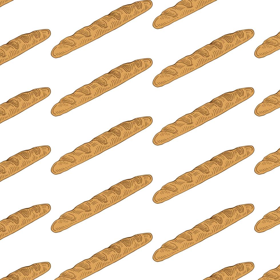 een patroon van een stokbrood. naadloos patroon van een lang geel stokbrood getekend in doodle-stijl, willekeurig gerangschikt op een beige achtergrond voor een bakkerijsjabloon vector