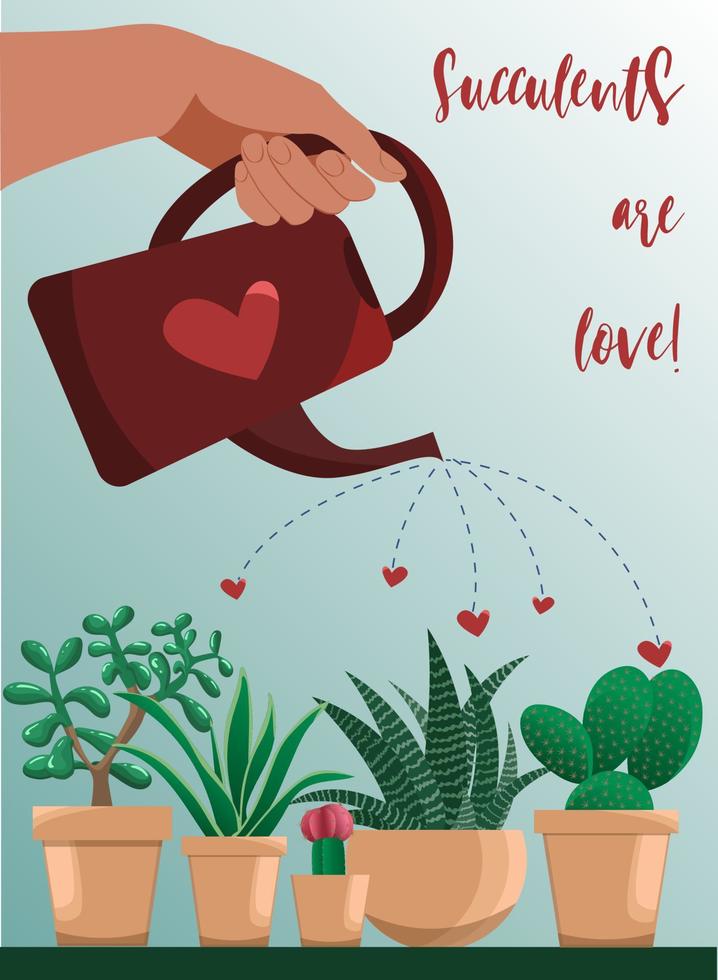 vector poster met divers vetplanten en hand- gieter hen. vetplanten is liefde kopiëren inbegrepen