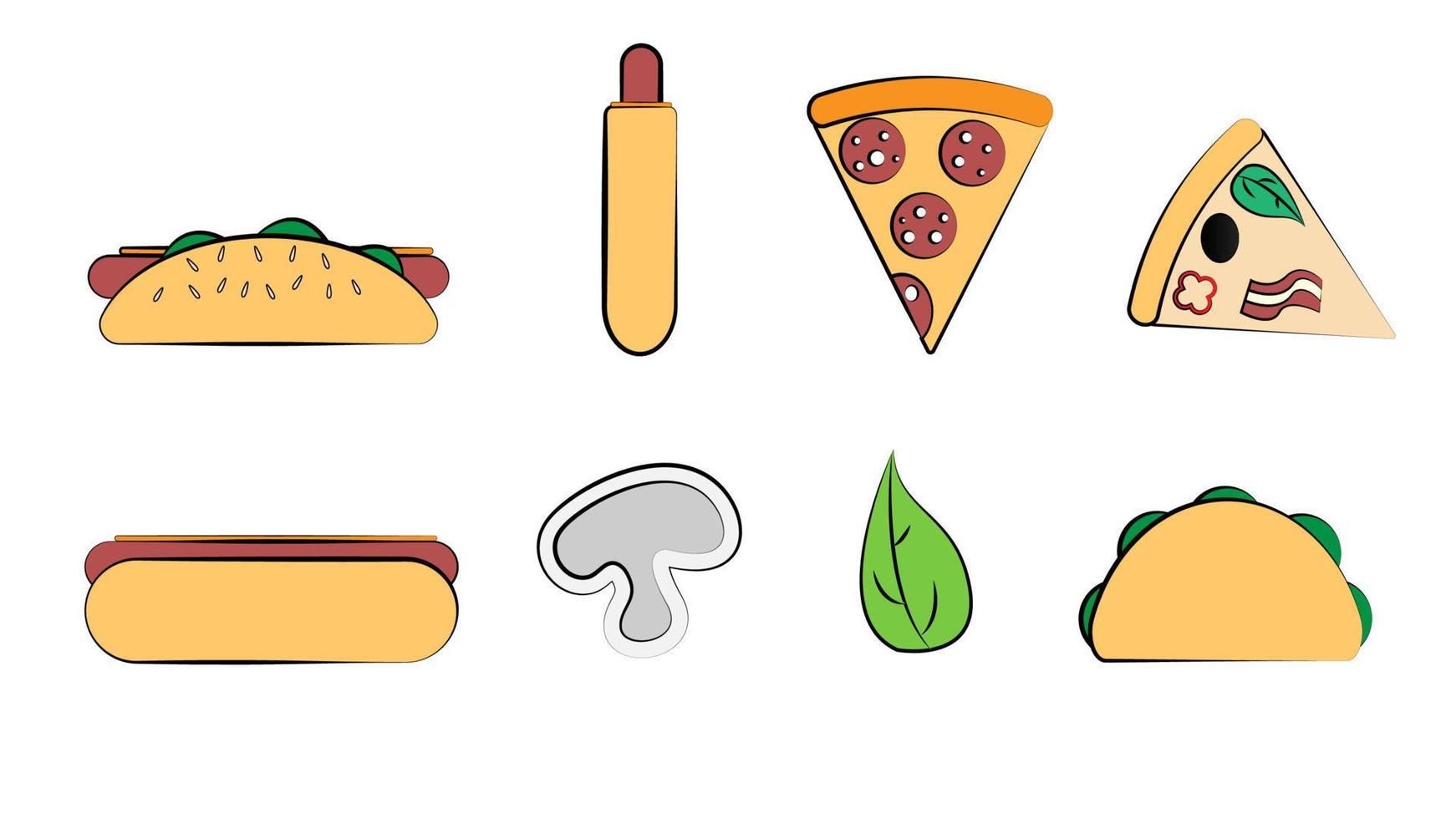 een reeks van acht pictogrammen van items van heerlijk voedsel en snacks voor een cafe bar restaurant Aan een wit achtergrond pizza, heet hond, burrito, pizza, Groenen vector