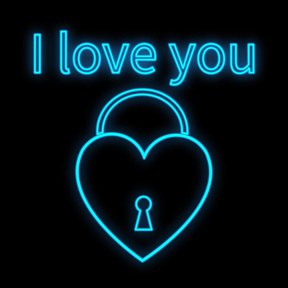 helder lichtgevend blauw feestelijk digitaal neon teken voor een op te slaan of kaart mooi glimmend met liefde harten in de het formulier van een deur slot en de opschrift ik liefde u Aan een zwart achtergrond. vector illustratie