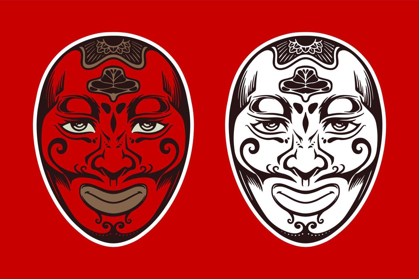 hand- getrokken rood wit Japans traditioneel masker Aan rood achtergrond. vector