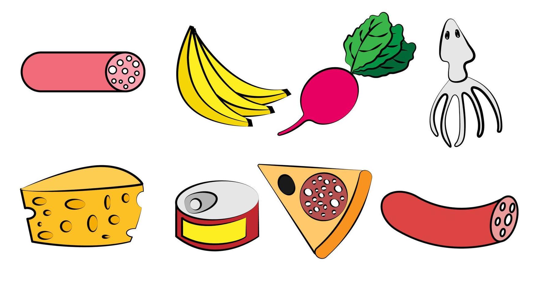 een reeks van acht pictogrammen van items van heerlijk voedsel en snacks voor een cafe bar restaurant Aan een wit achtergrond worst, bananen, radijs, inktvis, kaas, ingeblikt voedsel, pizza vector