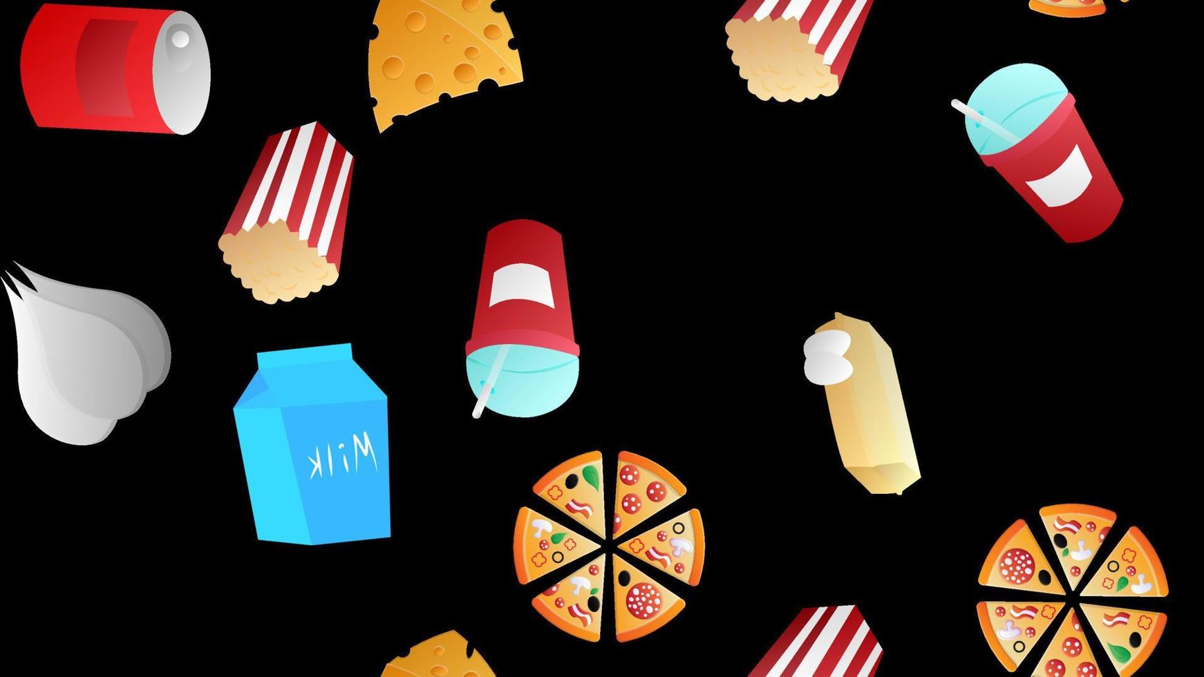 eindeloos zwart naadloos patroon van een reeks van pictogrammen van heerlijk voedsel en snacks items voor een restaurant bar cafe melk, pizza, popcorn, cocktail, knoflook, kaas, ei, ingeblikt voedsel. de achtergrond vector