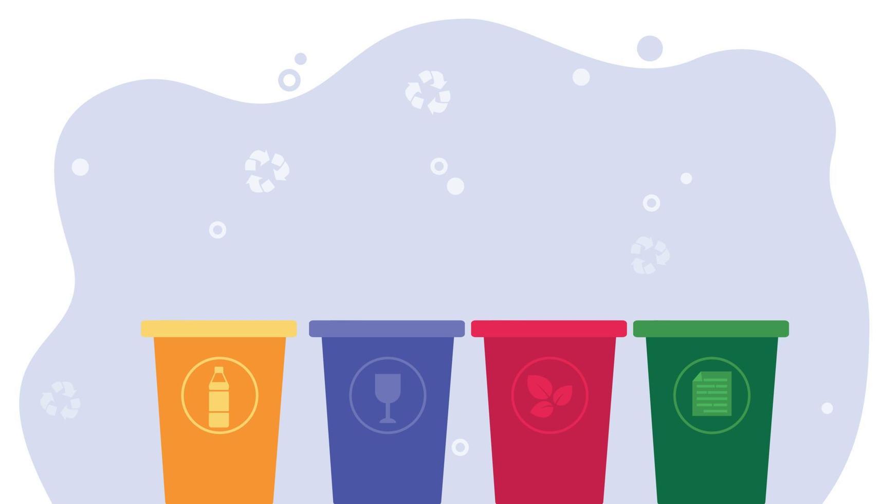 verspilling sorteren concept. gelukkig mensen zetten plastic, glas, bio en papier vuilnis in verschillend afvalcontainers. vector illustratie voor milieu bescherming en recycling topics