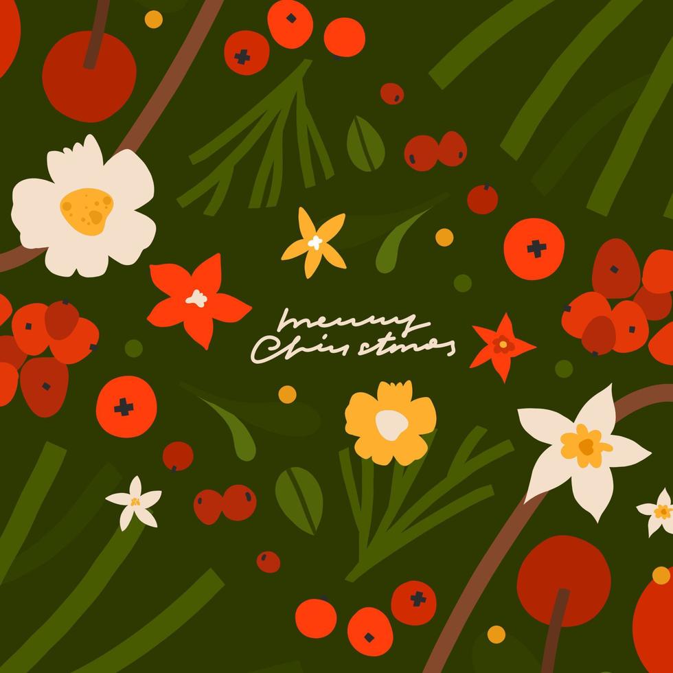 hand- getrokken vector abstract grafisch vrolijk Kerstmis en gelukkig nieuw jaar clip art illustraties groet kaart met bloemen en bladeren.vrolijk Kerstmis schattig bloemen kaart ontwerp achtergrond.winter vakantie kunst.