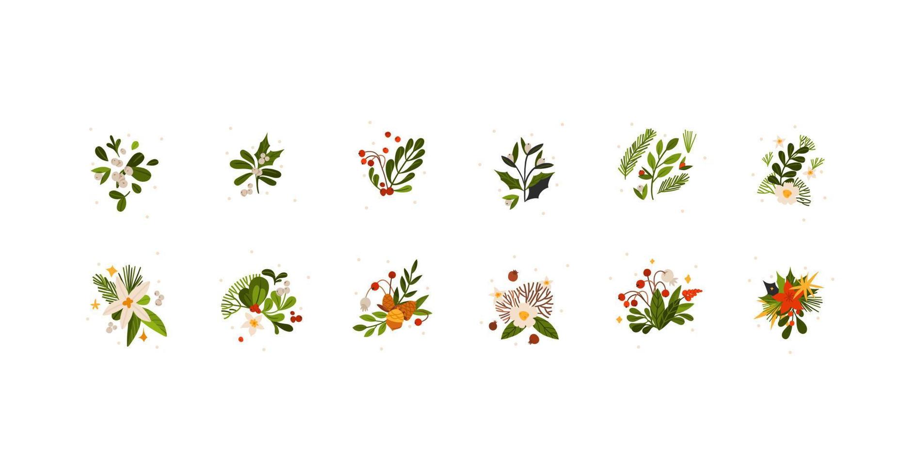 hand- getrokken vector abstract grafisch vrolijk Kerstmis en gelukkig nieuw jaar clip art illustraties groet kaart reeks met bloemen en bladeren.vrolijk Kerstmis schattig bloemen ontwerp achtergrond.winter vakantie kunst