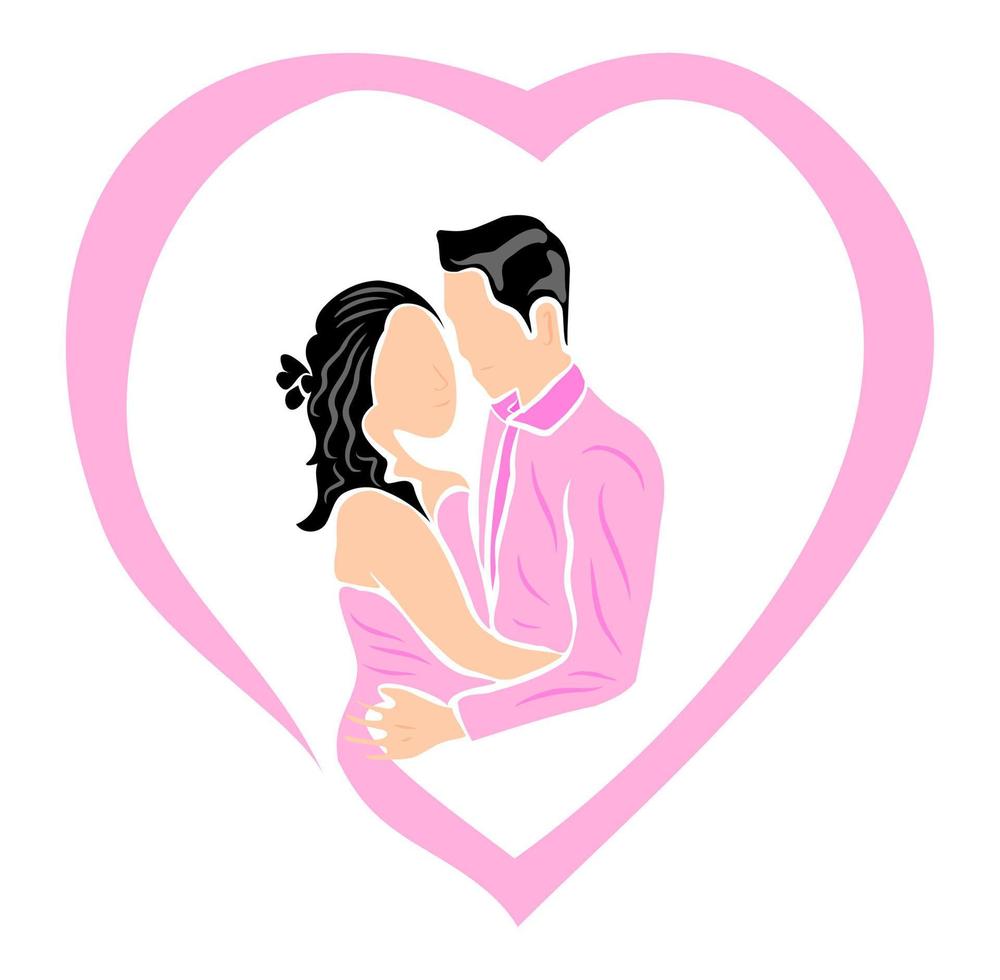 romantisch liefde gevoelens concept. liefhebbend glimlachen paar Mens en vrouw staand knuffelen omarmen elk andere gevoel in liefde vector illustratie