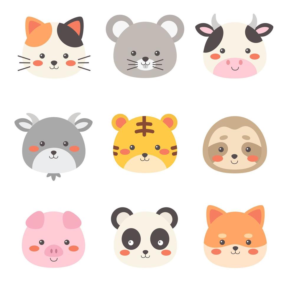 schattig tekenfilm gezicht dieren set. vector