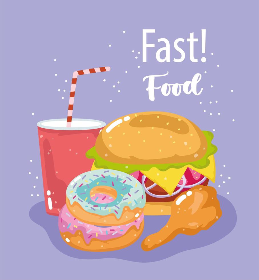 fastfood, hamburger, donuts, kip en frisdrank vector