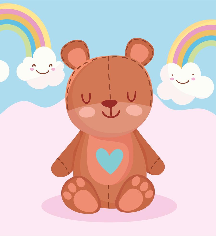 cartoon teddybeer, regenbogen en wolken vector