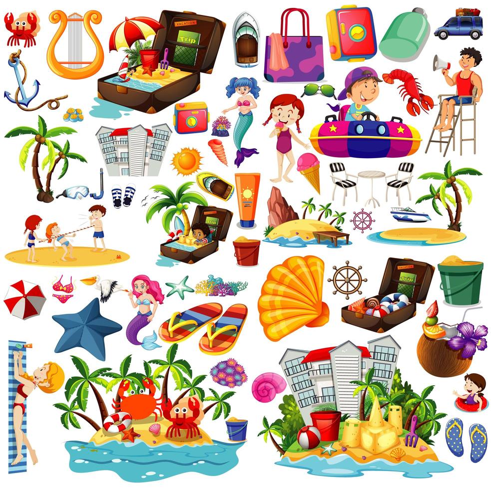 set van zomer strand iconen cartoon stijl vector