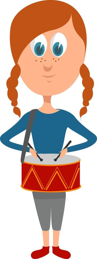 meisje spelen drums , illustratie, vector Aan wit achtergrond