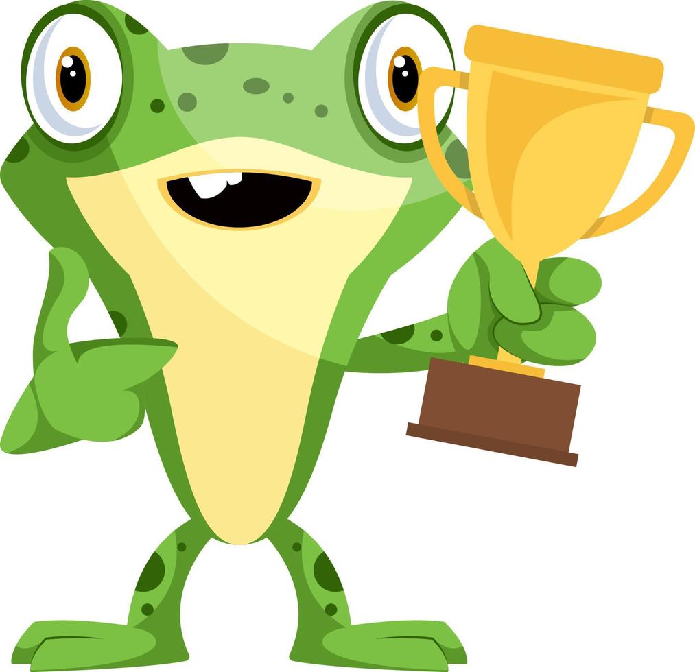 gelukkig kikker mascotte won een trofee, illustratie, vector Aan wit achtergrond.