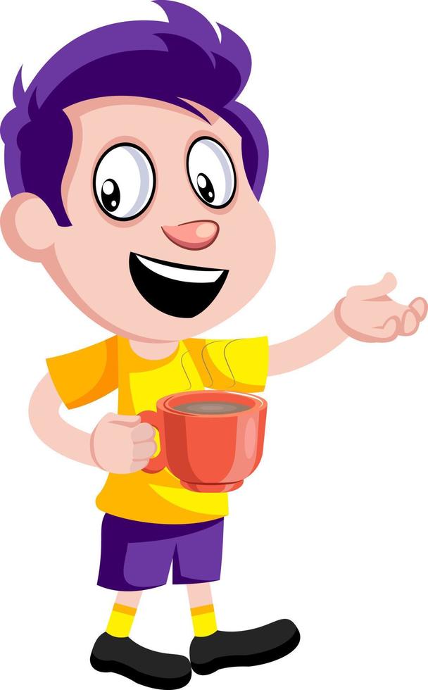 jongen met kop van koffie, illustratie, vector Aan wit achtergrond.