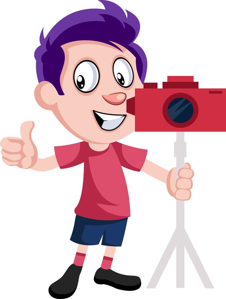 jongen met camera, illustratie, vector Aan wit achtergrond.