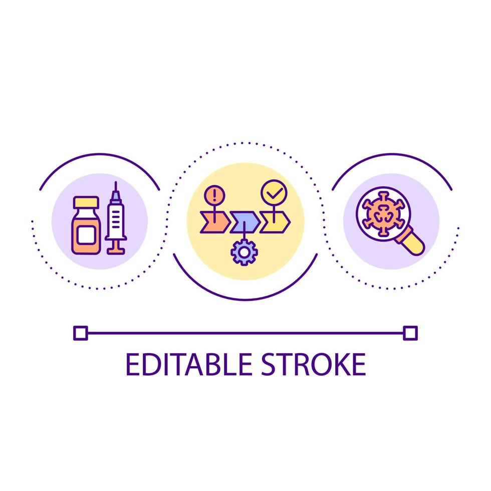 vaccin ontwikkeling stadia lus concept icoon. immunisatie. virus verspreiden het voorkomen abstract idee dun lijn illustratie. geïsoleerd schets tekening. bewerkbare hartinfarct. vector