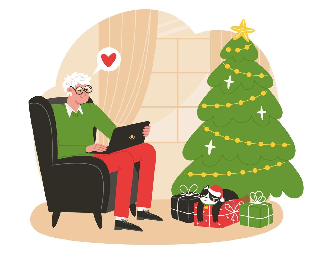 ouderen Mens zit in een fauteuil in de buurt Kerstmis boom en communiceren met familieleden Aan een laptop vector