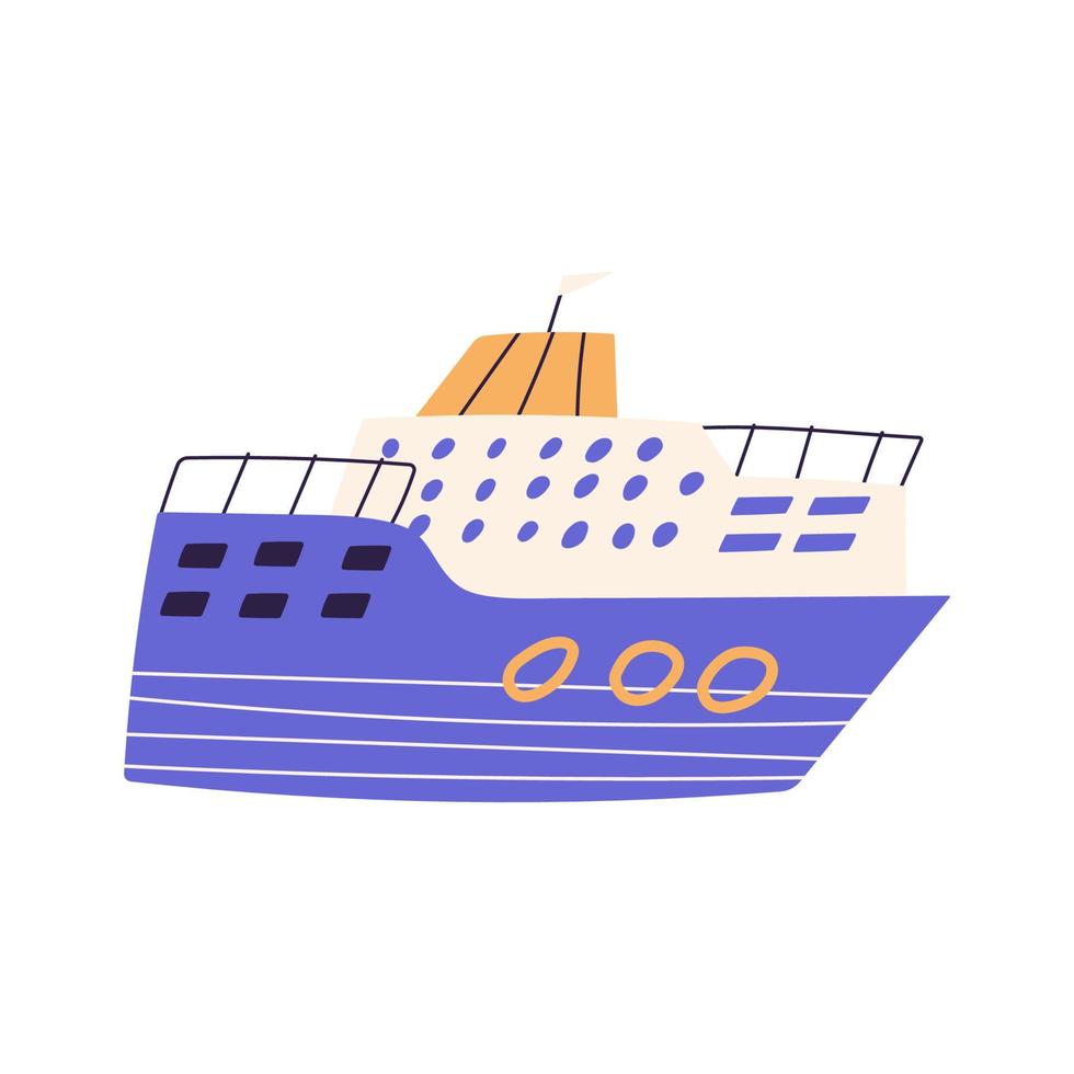 groot reis schip in hand- getrokken kinderachtig stijl, tekenfilm vlak vector illustratie geïsoleerd Aan wit achtergrond. boot het zeilen in de zee of oceaan. marinier vervoer tekening.