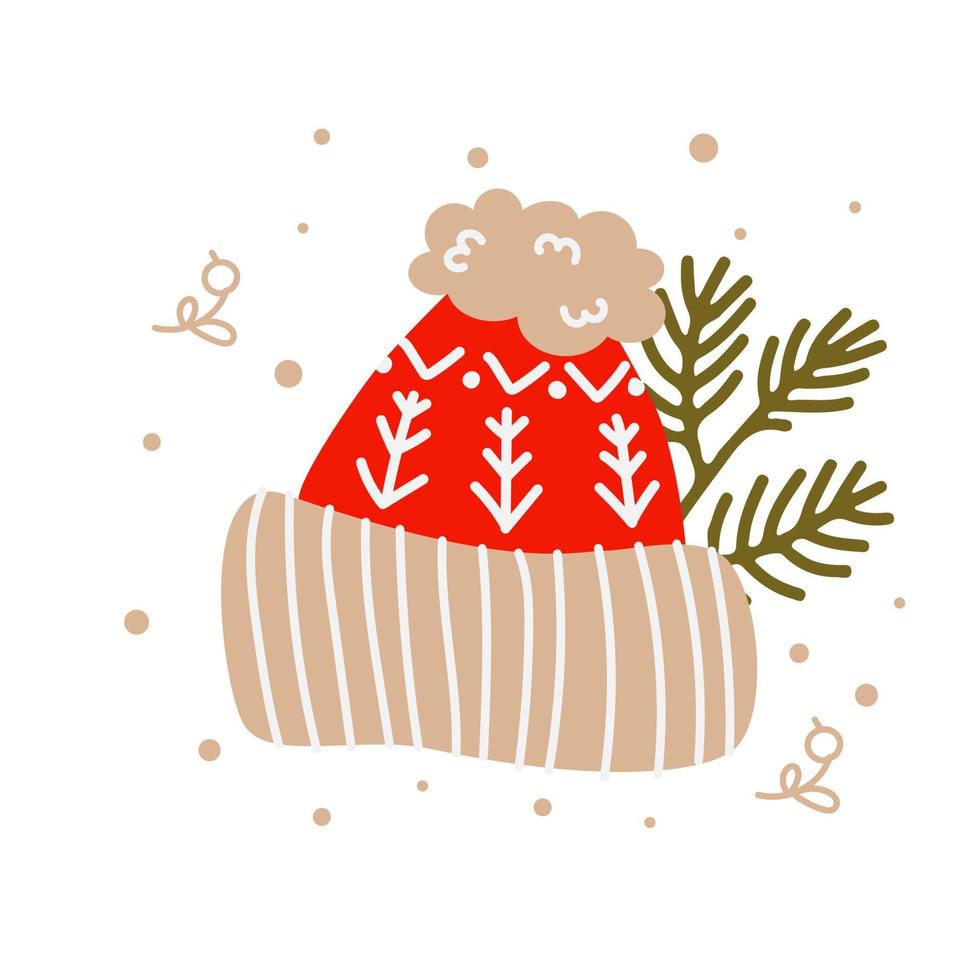 Kerstmis warm rood hoed met Kerstmis boom takken. schattig hand getekend samenstelling in vlak stijl. vector illustratie