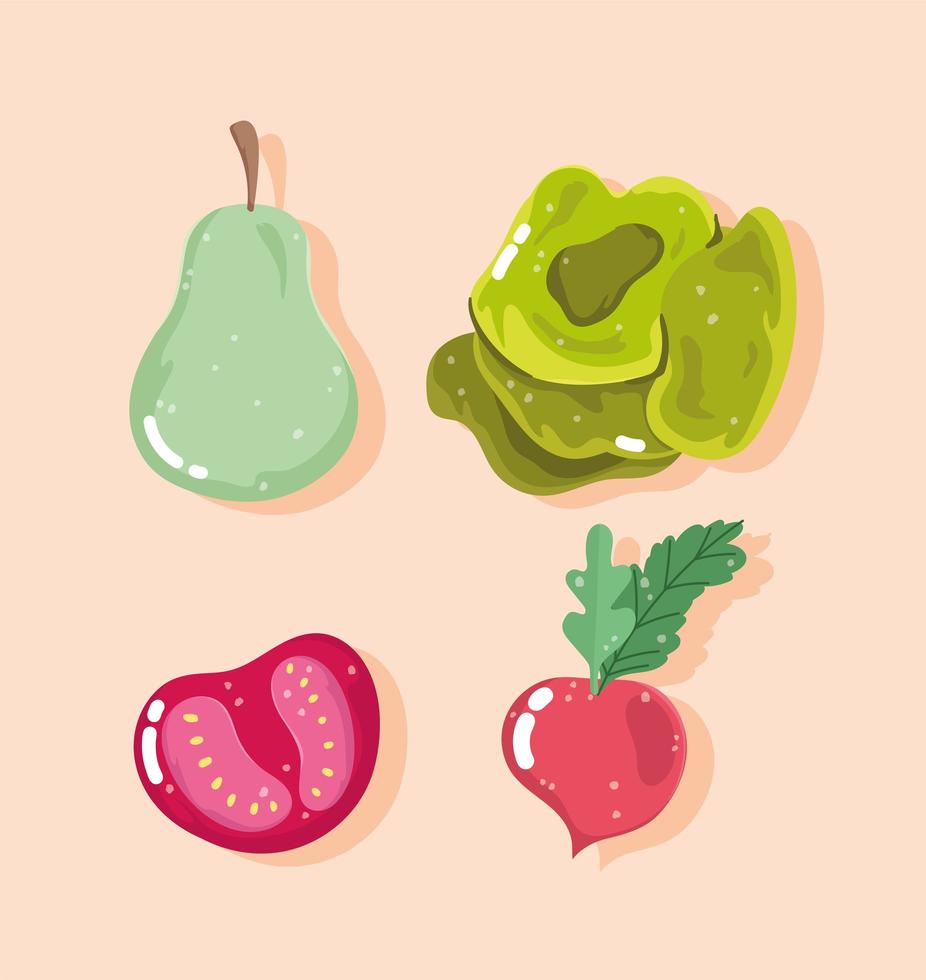 gezonde voeding. peer, tomaat, radijs en sla vector