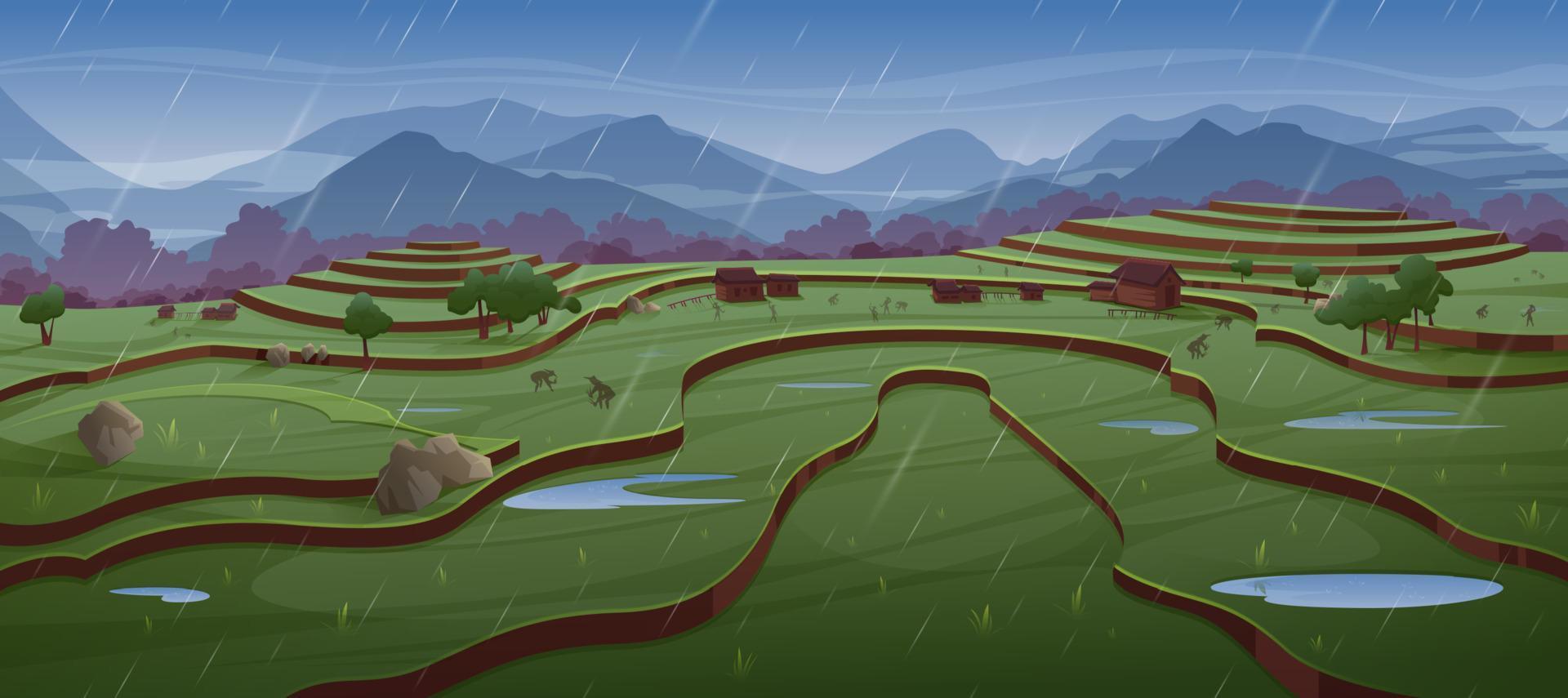 mensen werk Aan rijst- velden in regen vector